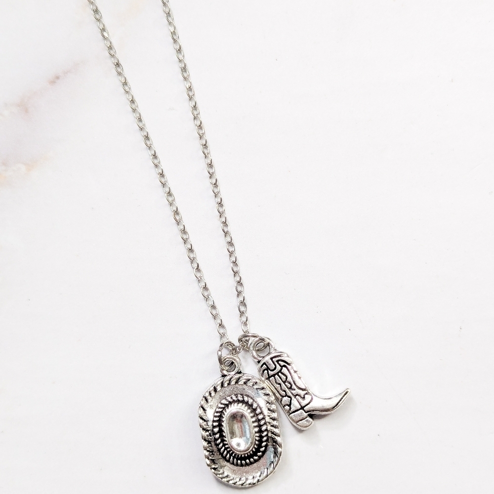 Silver Western Cowboy Hat & Boot Necklace Dainty Coastal Cowgirl Jewelry - Picture 3 of 12